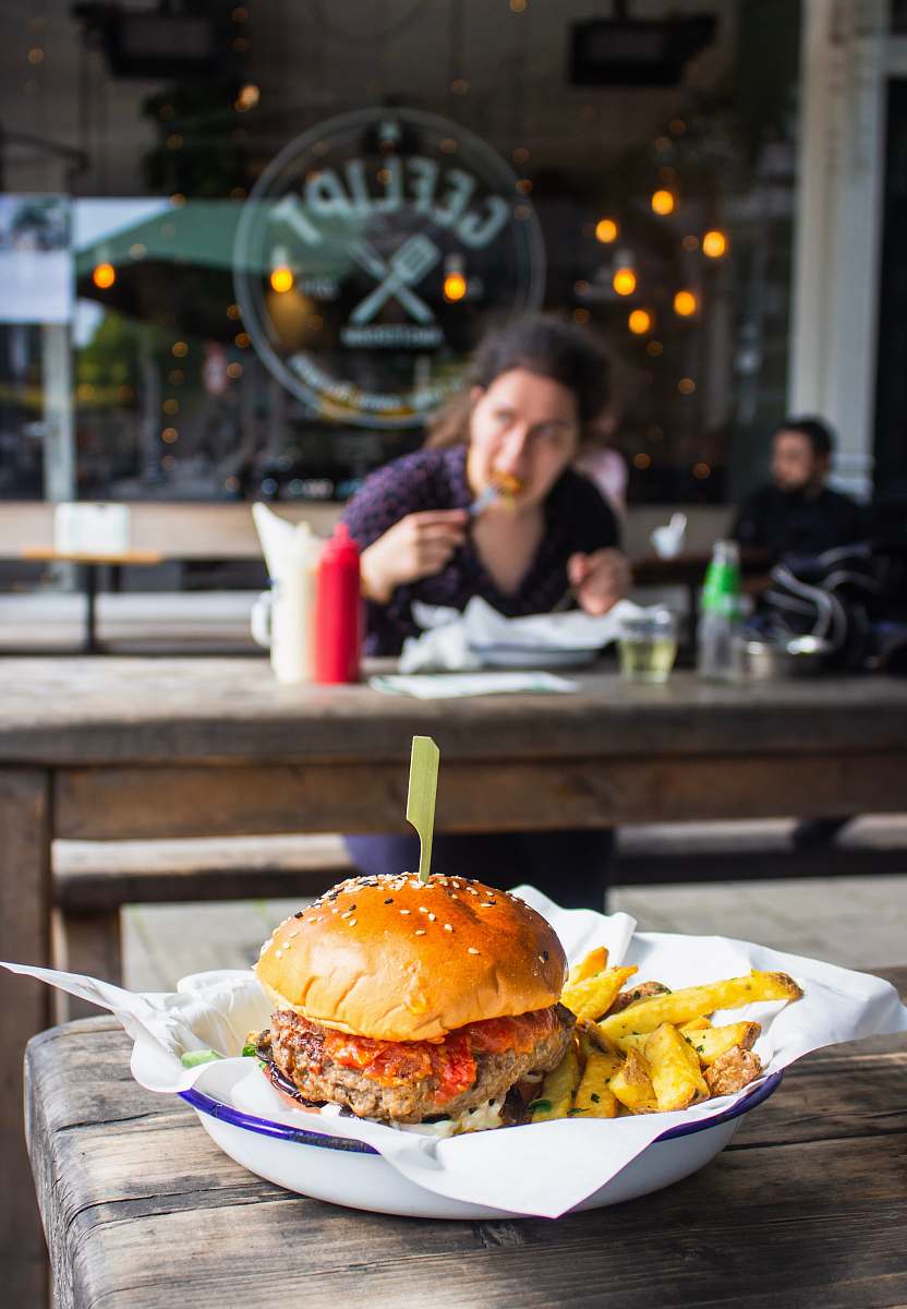 burger hamburger with fries in dish on table human