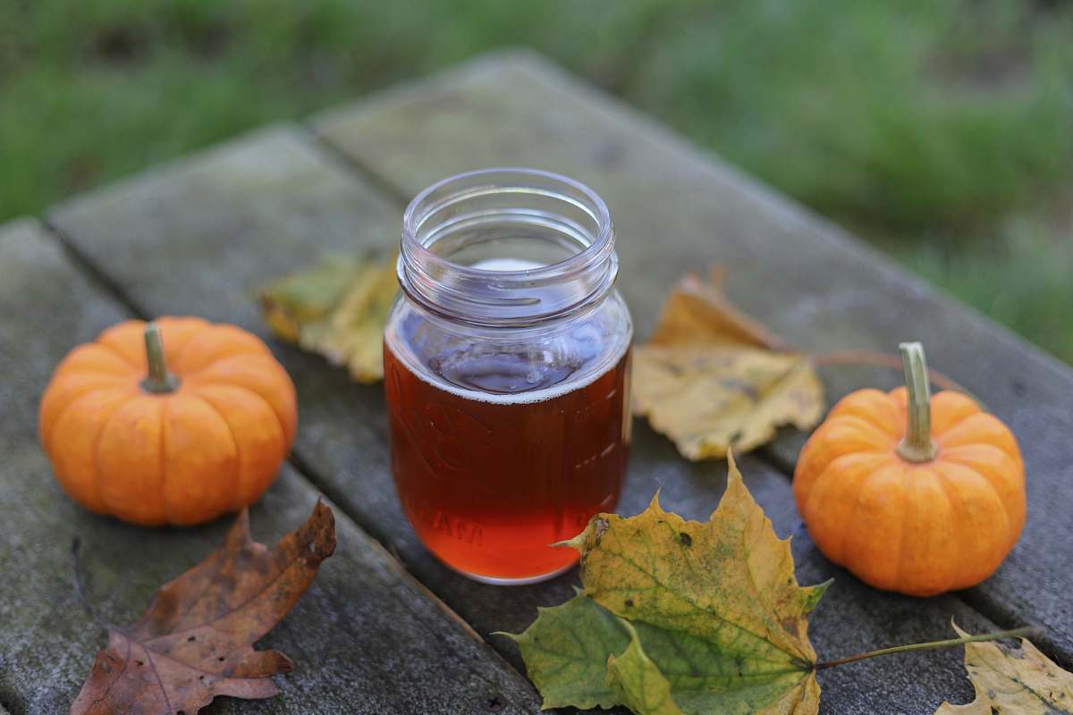 plant jar of honey beside two pumpkins pumpkin