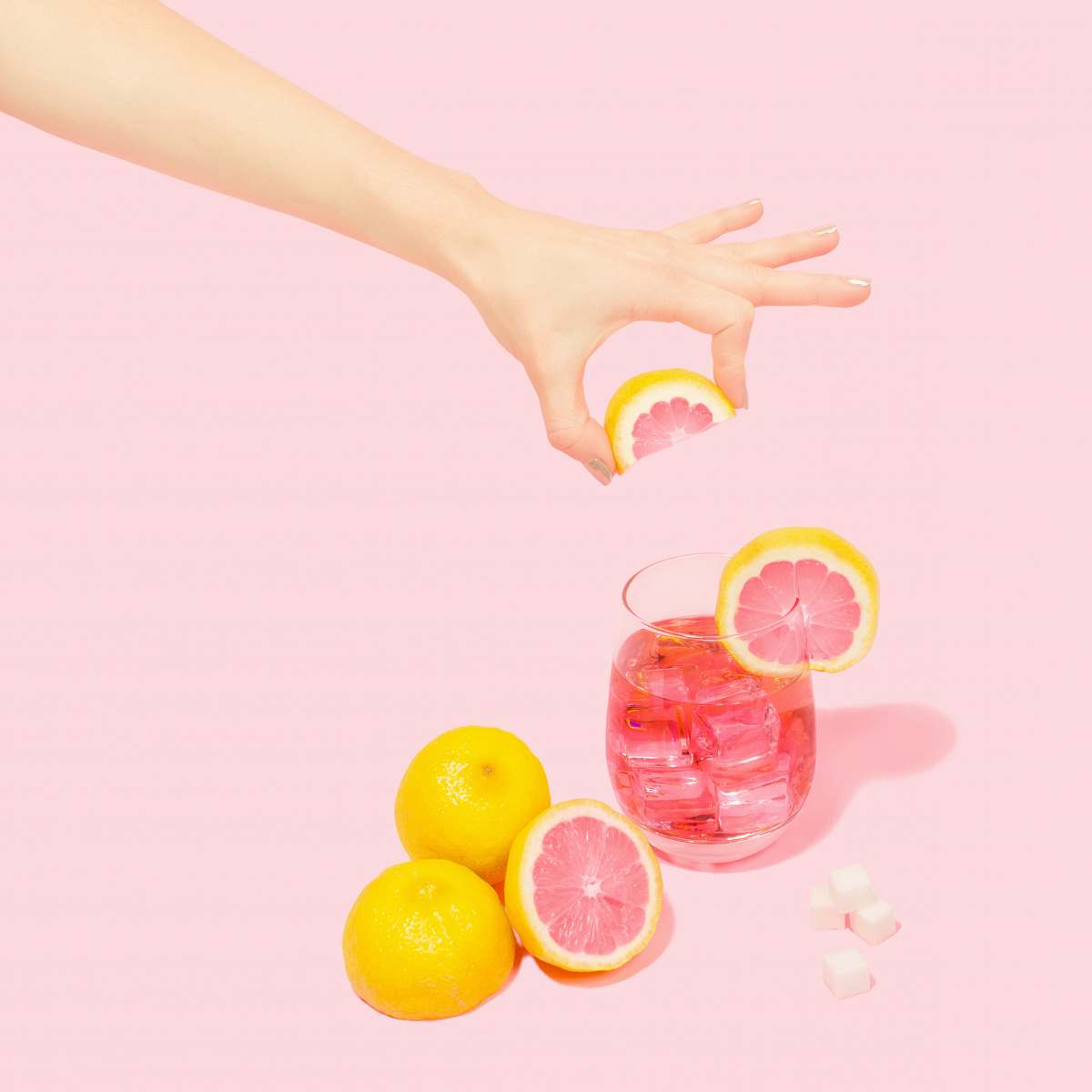 fruit person holding slice of orange over full rock glass plant