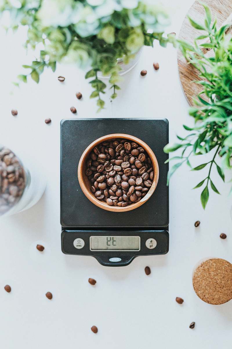 plant photo of bowl filled with coffee beans on black digital scale at 39 grams vegetable
