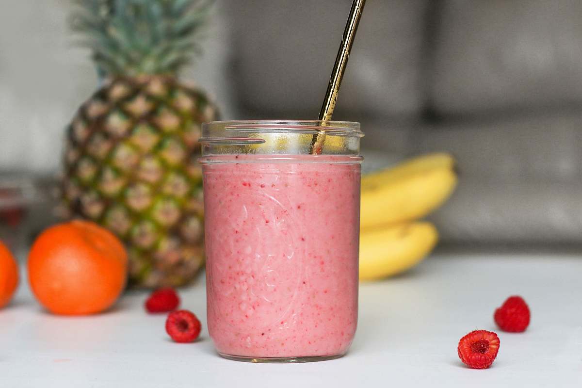 drink pink fruit shake in jar juice