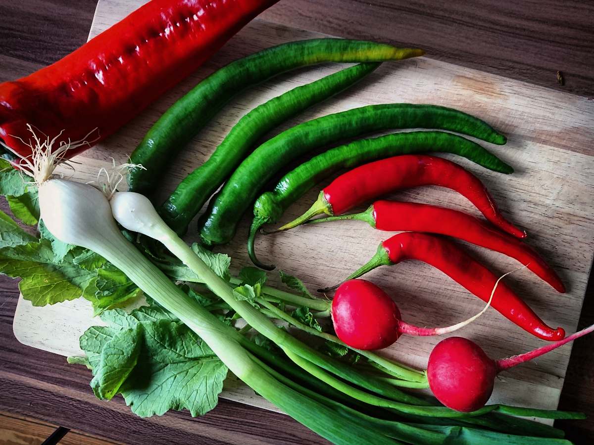 vegetable red and green chilis and red bell pepper on brown chopping board radish