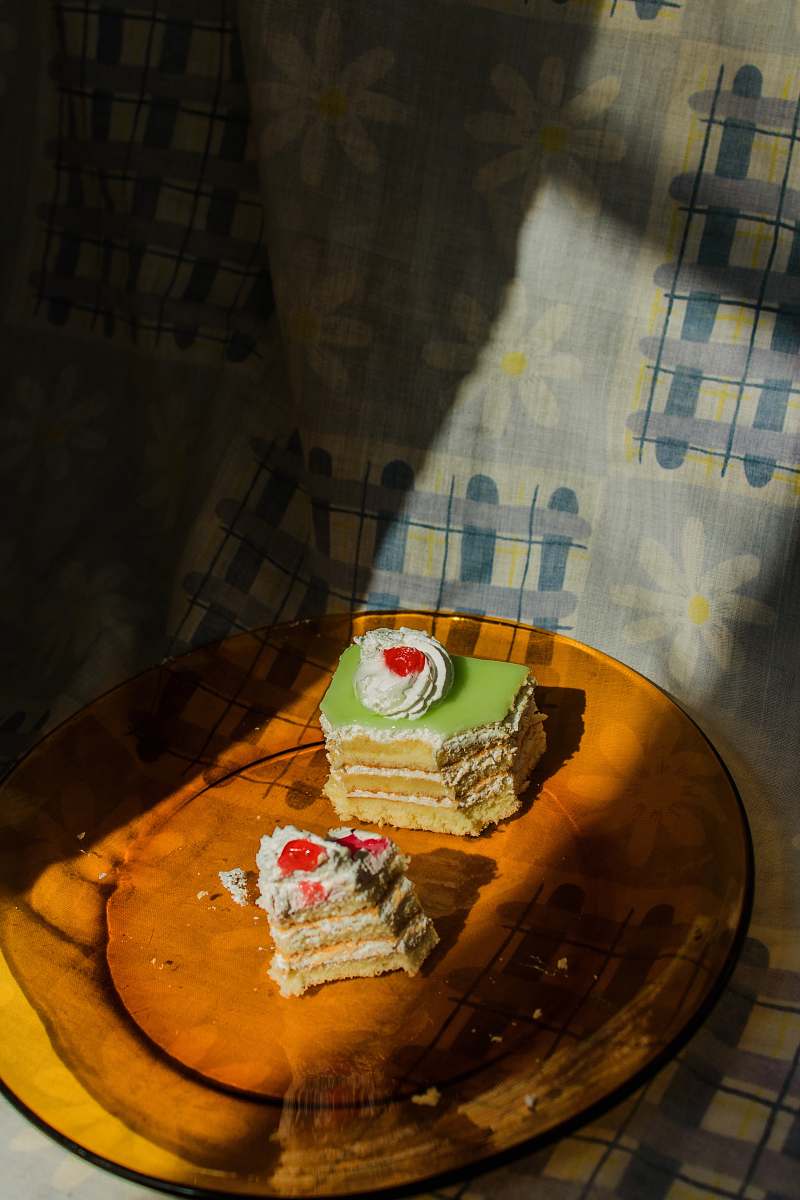 cake sliced cake on amber glass plate dessert