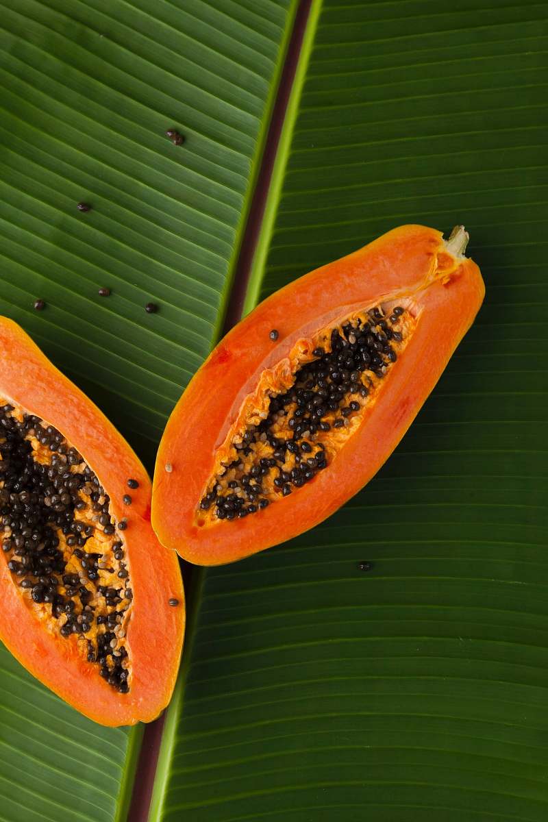fruit sliced papaya on green banana leaf papaya