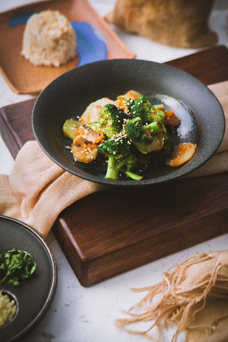 plant vegetable salad served on black ceramic plate broccoli