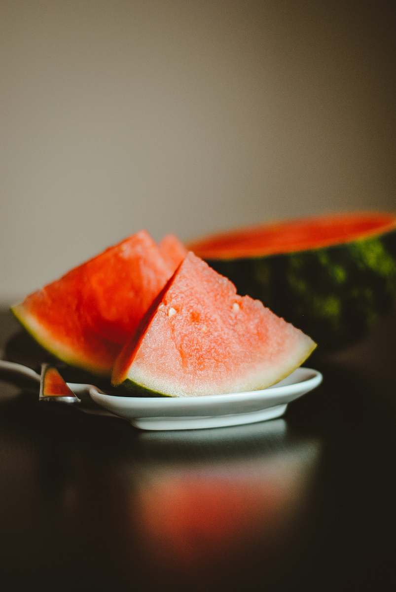 fruit watermelon slice on white ceramic plate watermelon