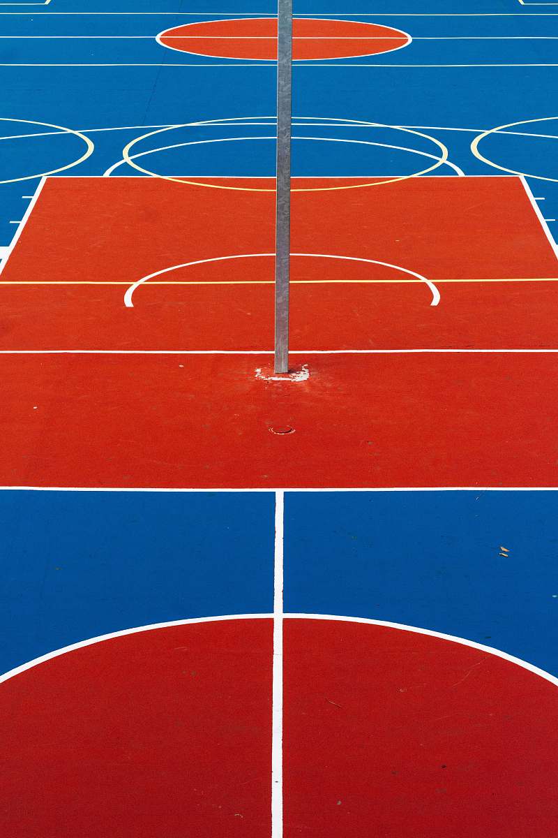 sport stainless steel stand on blue and red concrete floor red