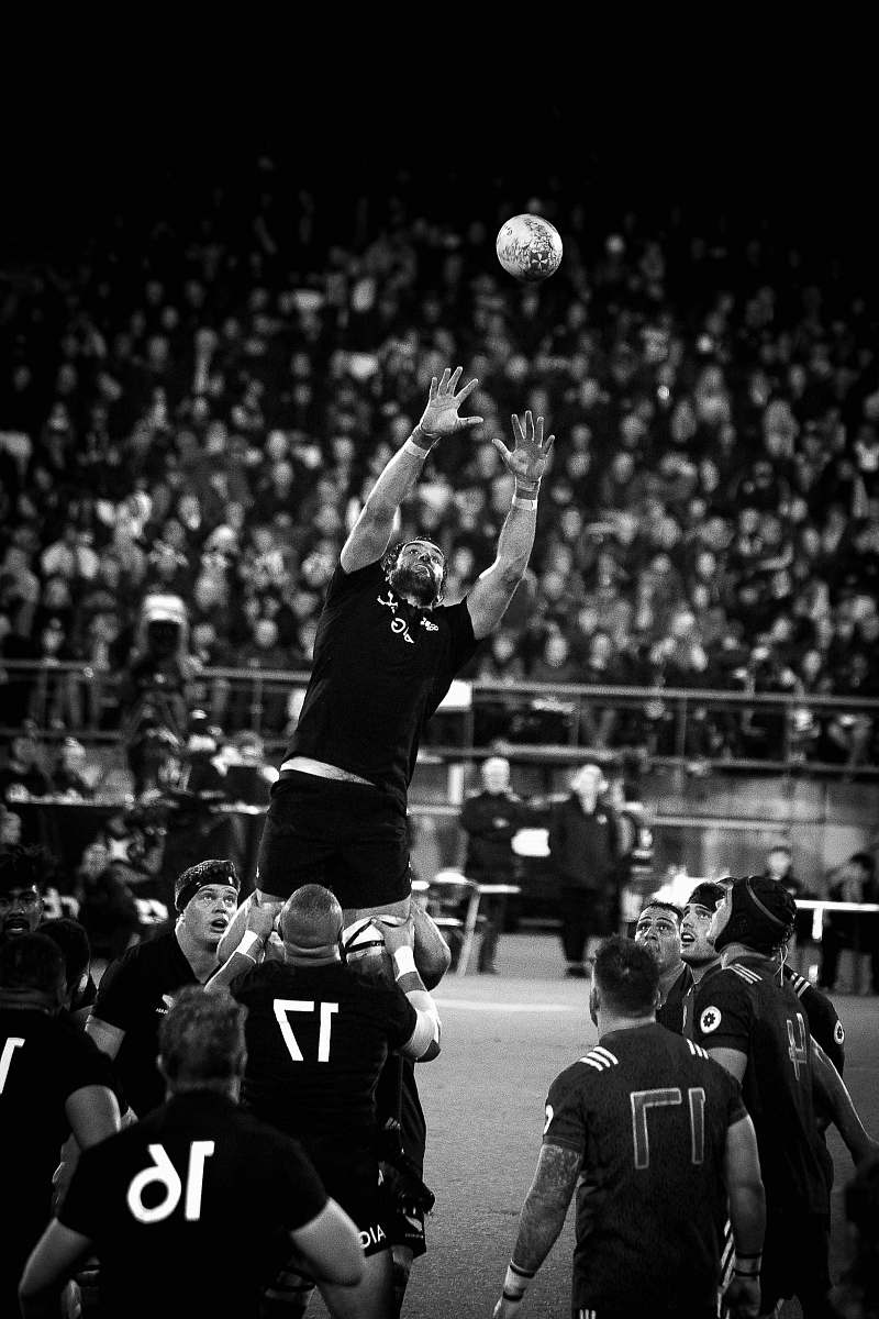 human grayscale photo of NFL player catching ball person