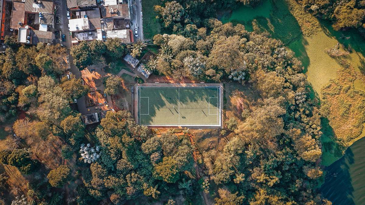 landscape aerial photography of football field nature