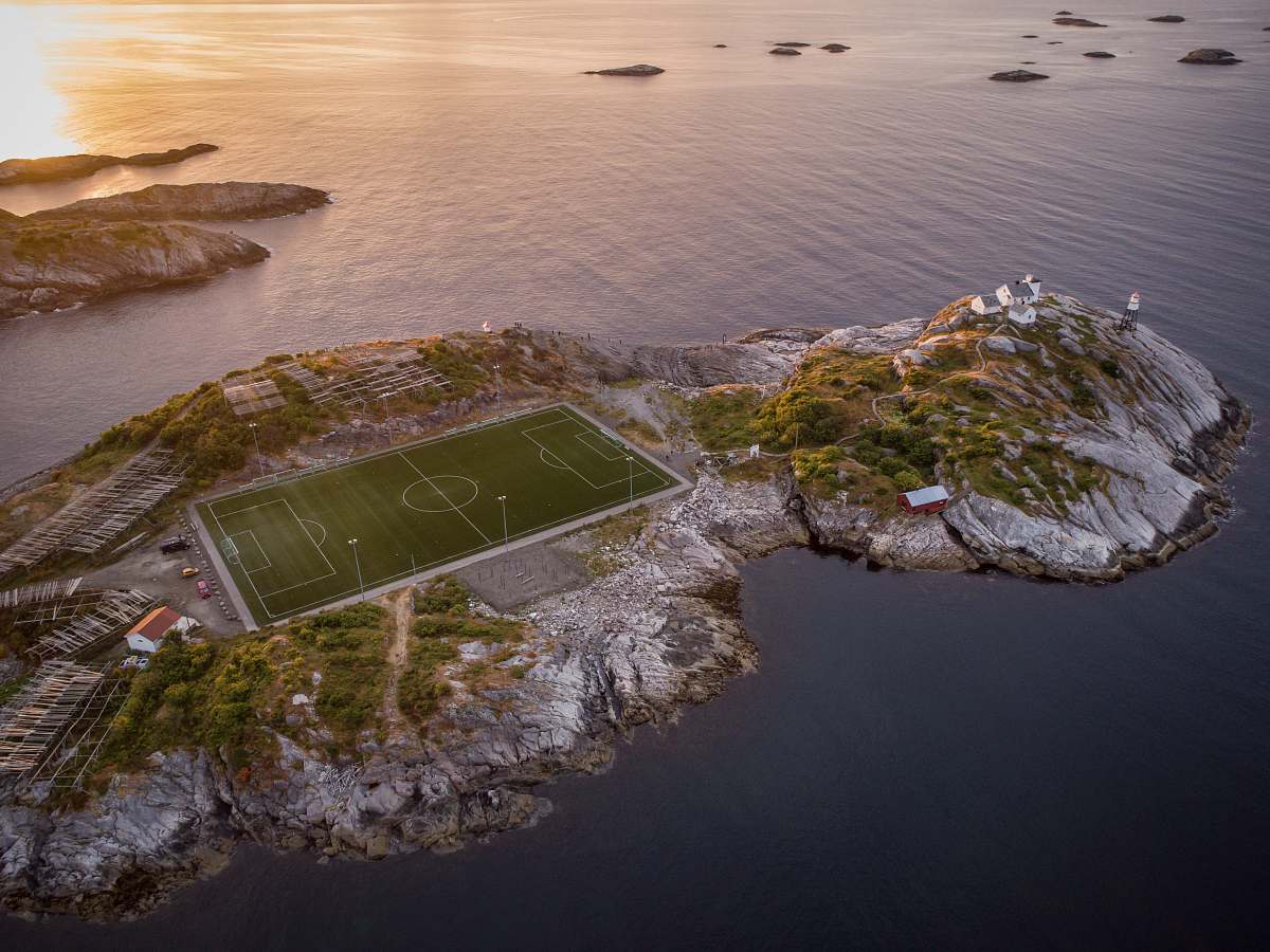 building aerial photography of soccer field on island arena