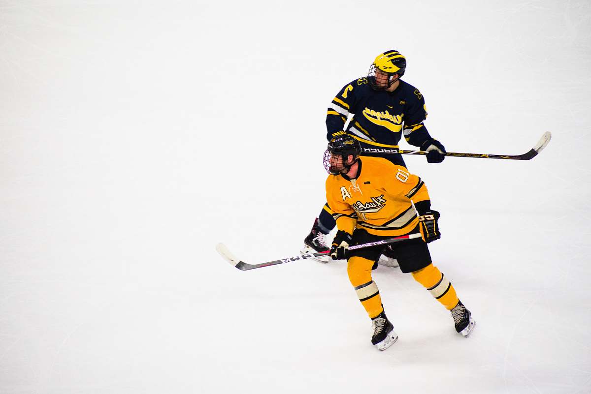 person 2 men playing hockey hockey