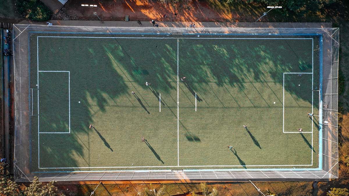 field aerial photo of soccer field people