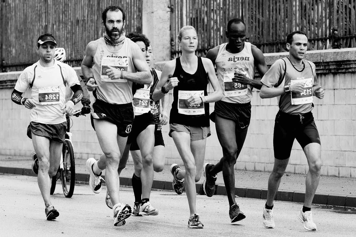 black-and-white people jogging people