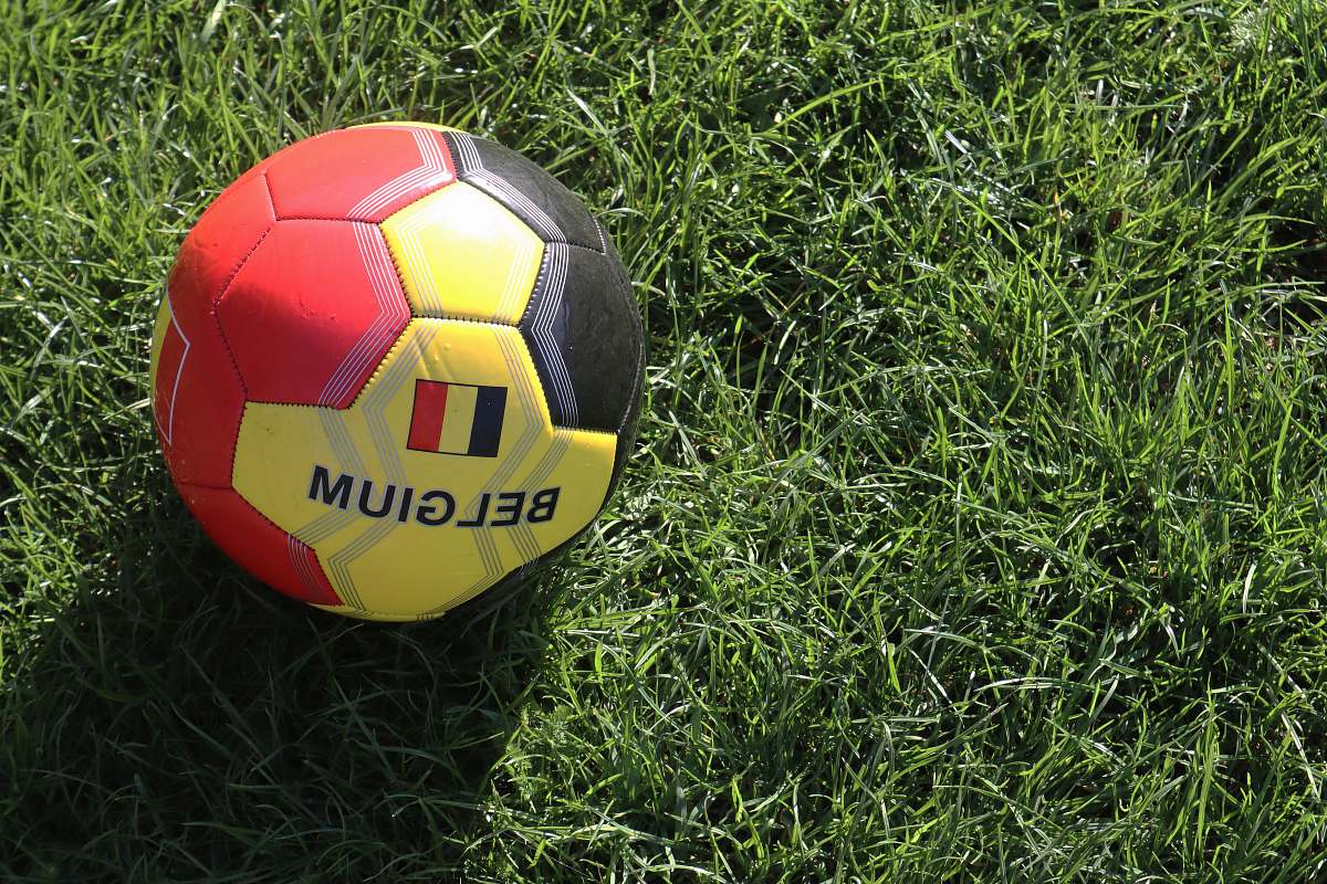 football red and yellow Belgium soccer ball on grass ball