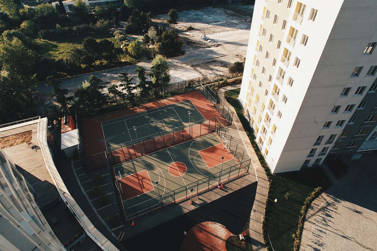 outdoors aerial view of basketball courts scenery