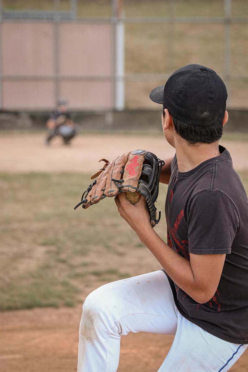 apparel man about to throw the baseball at the field clothing
