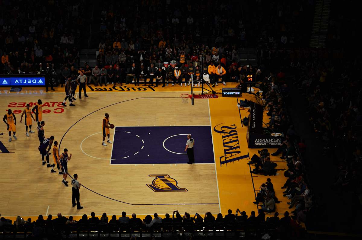 people Lakers player taking technical freethrow basketball