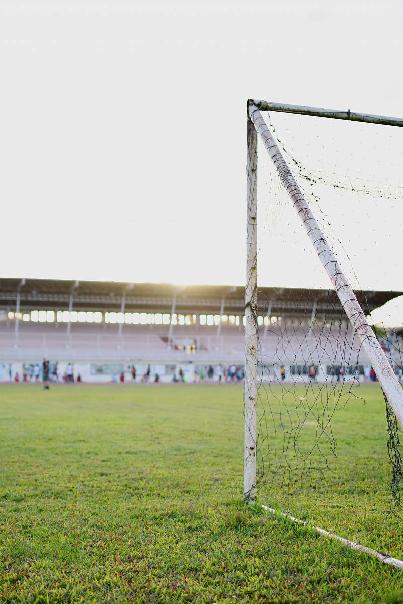 team white goalie net on green grass field football