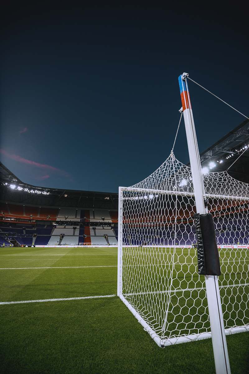 football white steel soccer goal net lyon olympic stadium