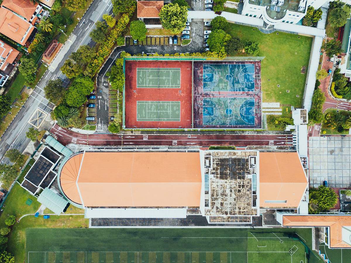 road aerial photography of stadium and courts intersection