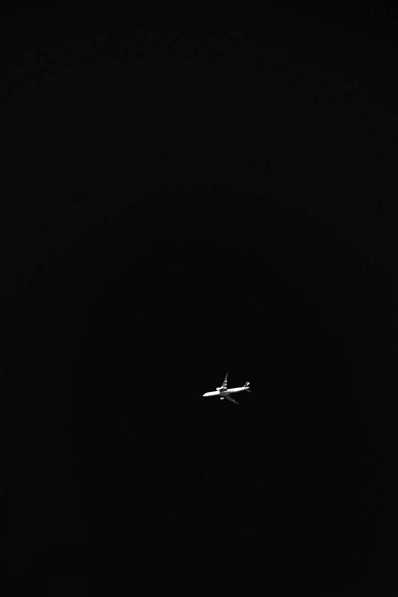 flying white airplane black-and-white