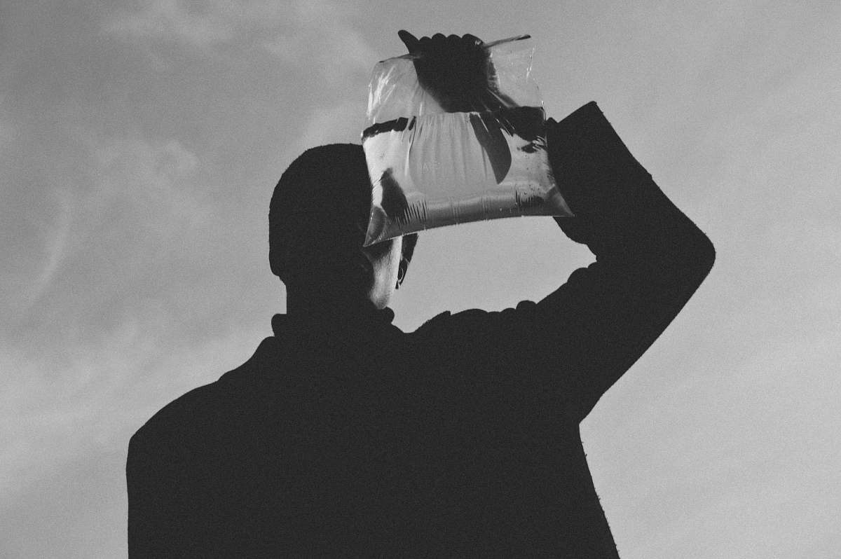 cushion grayscale photo of person holding plastic with water and fish pillow