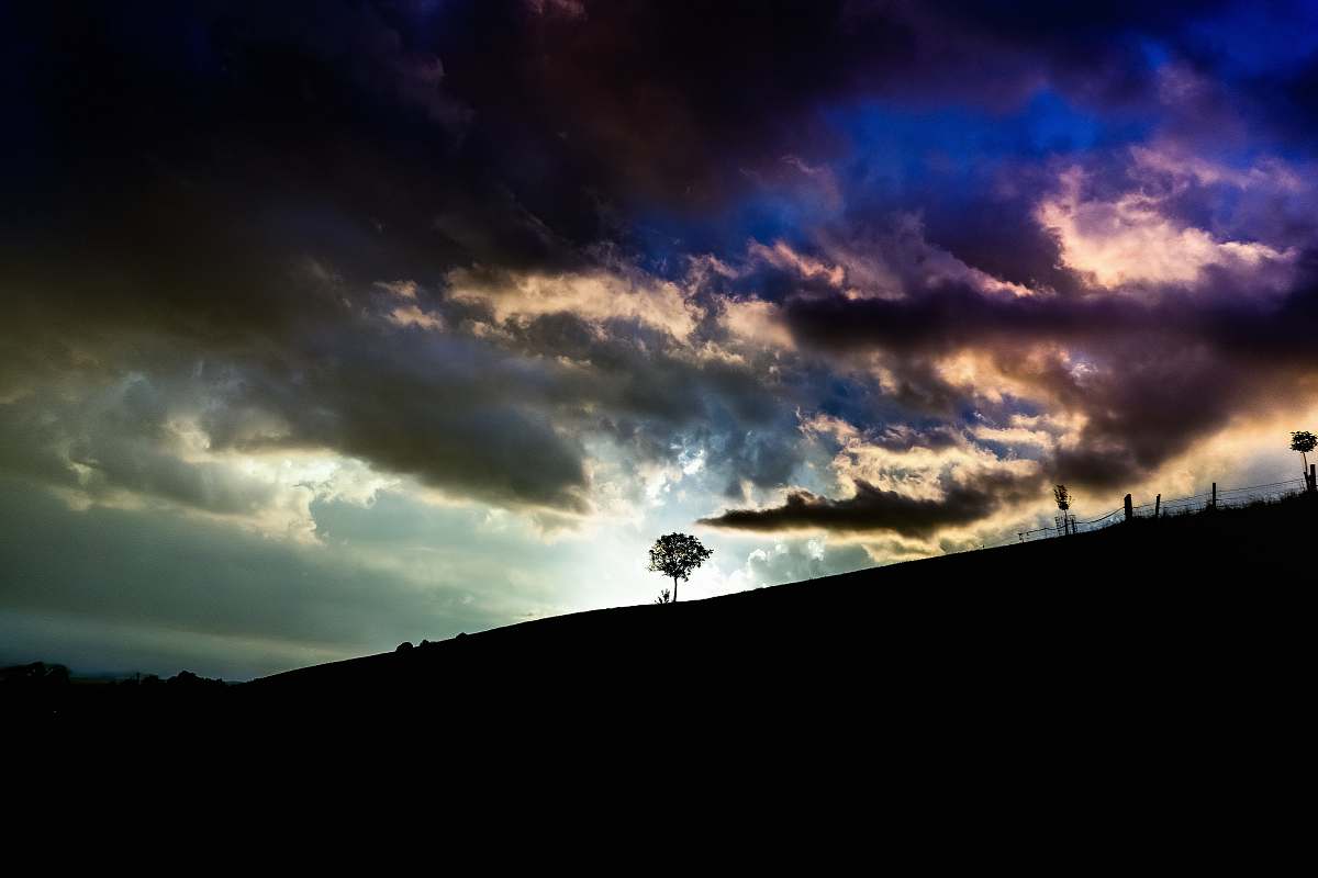 sky silhouette of tree on top of hill under cloudy sky nature
