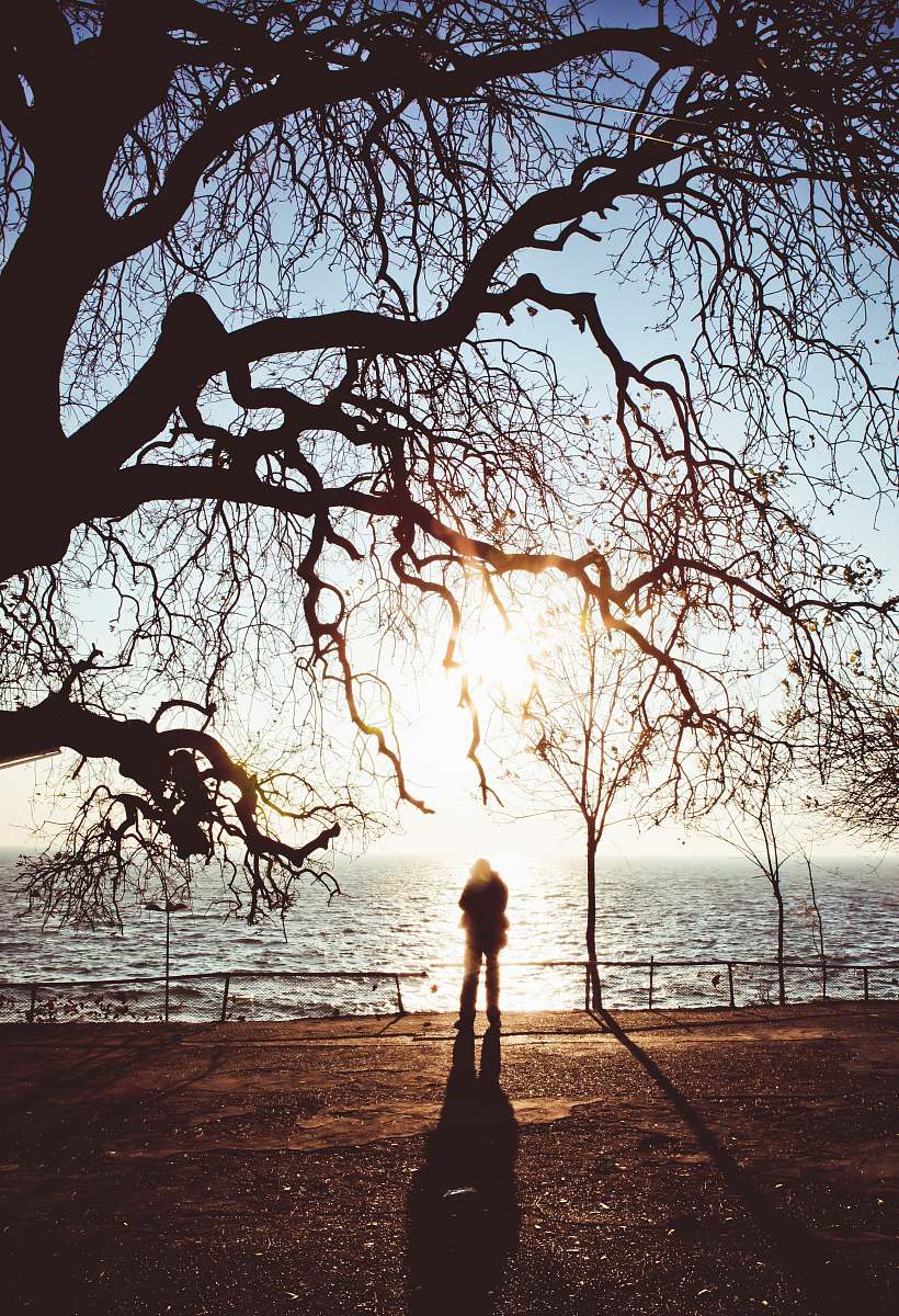 light silhouette of person standing near body of water sunlight