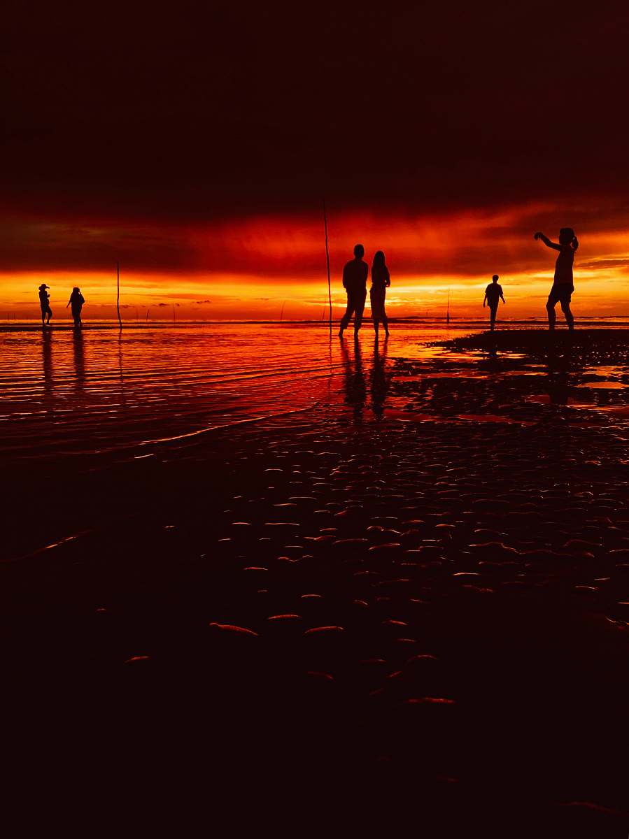person silhouette of people beside of body of water outdoors