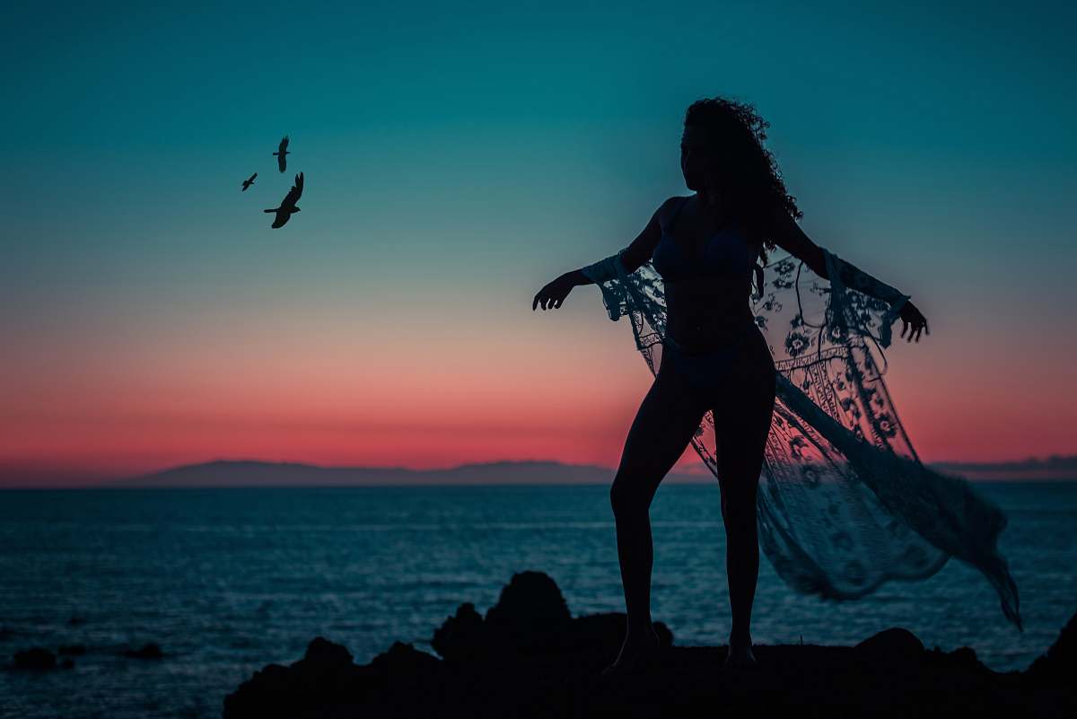 person silhouette photography of woman standing fronting the beach during golden hour animal