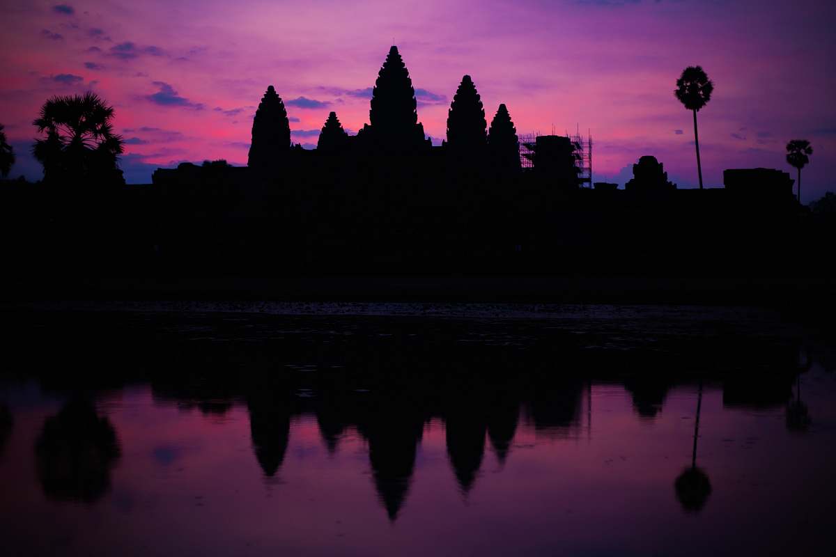 sunset silhouette of Ankor Wat silhouette