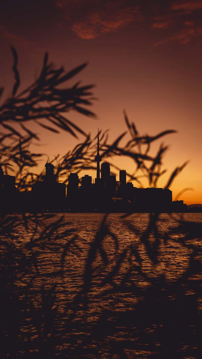 outdoors silhouette of city with high-rise buildings near body of water sky