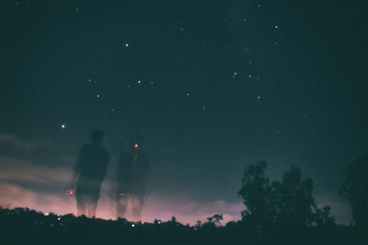 night silhouette of trees under dark sky with stars people