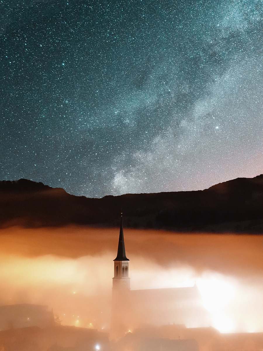 stars castle surrounded fog church