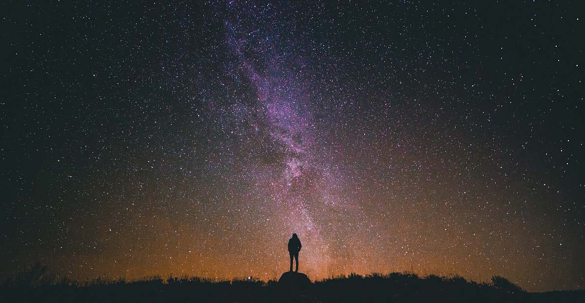 Sky Silhouette Of Man Standing On Rock While Looking In Sky Galaxy ...