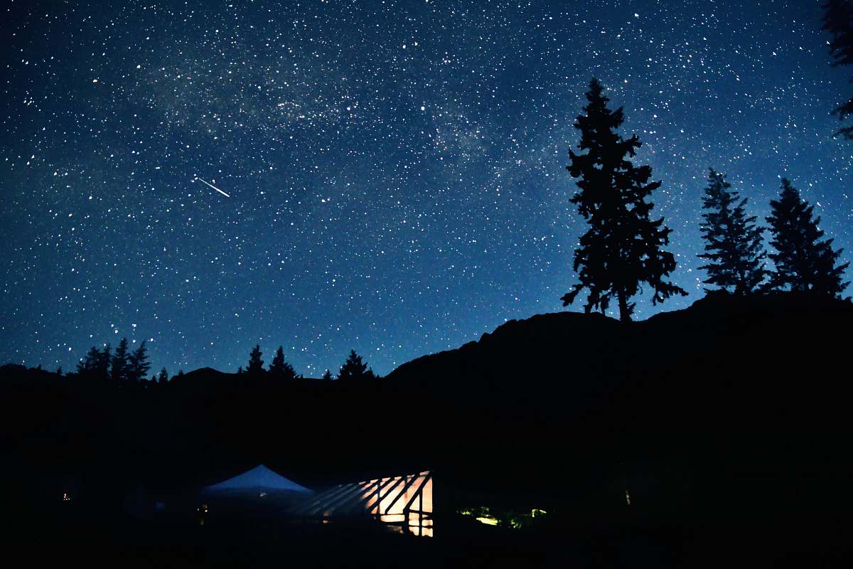 blue silhouette of mountain and trees under starry sky sky