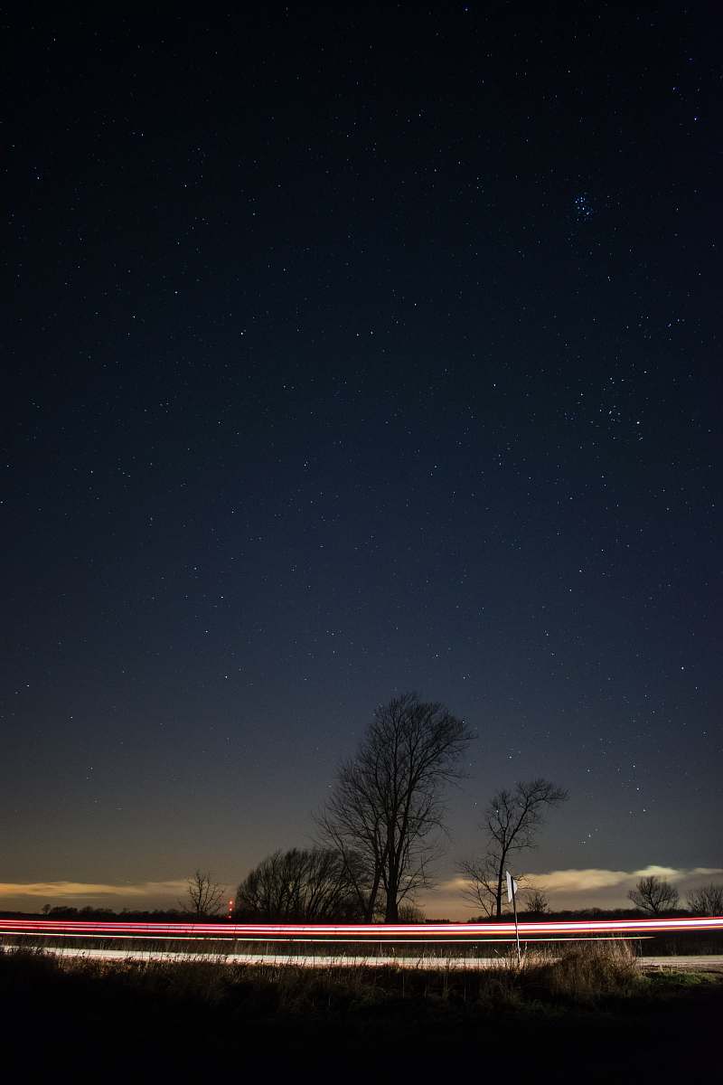 space time lapse photography of vehicle crossing between bare trees under starry night outdoors