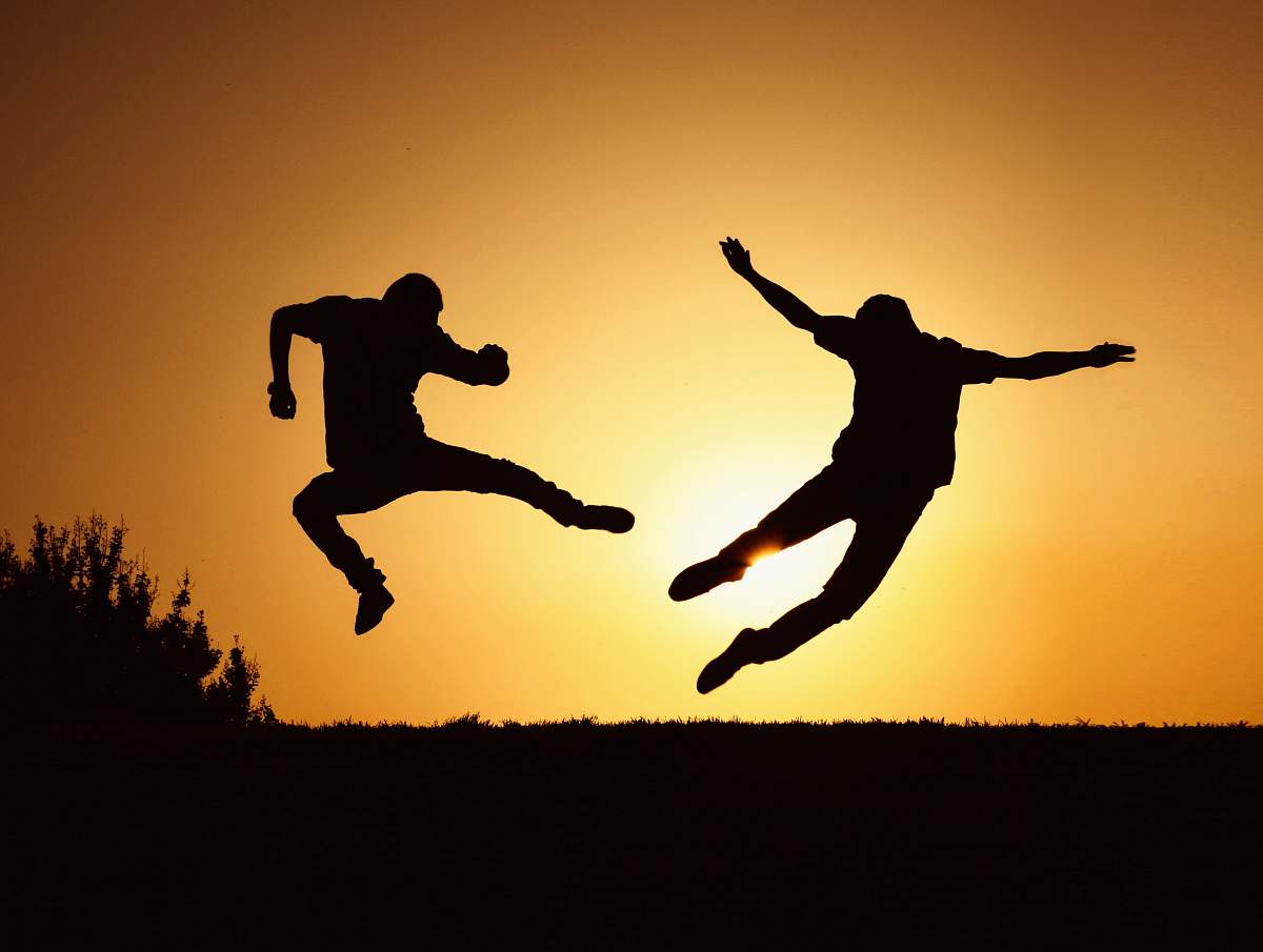 silhouette silhouette of two person having martial arts performance during daytime human