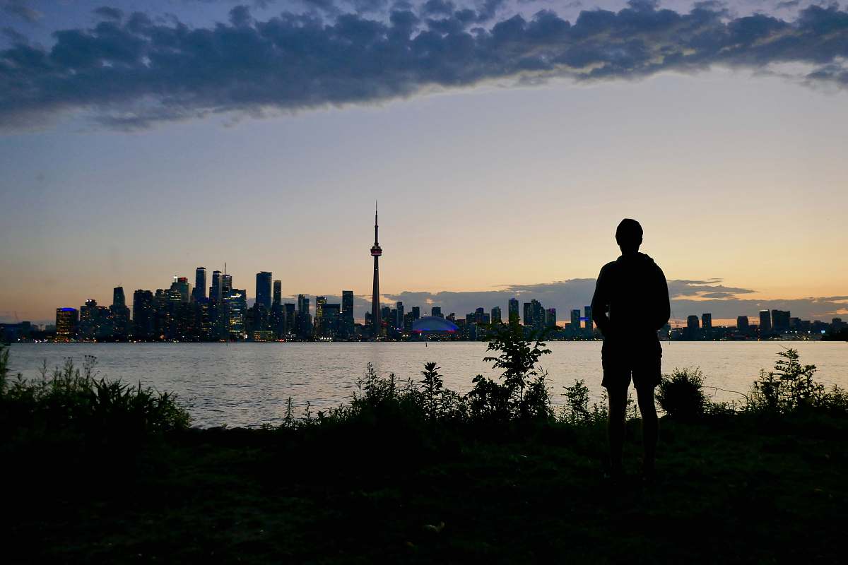 person silhouette of a man standing on the grass in front of the city human