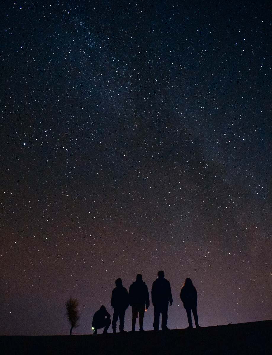 person silhouette of five persons staring at the stars at night human