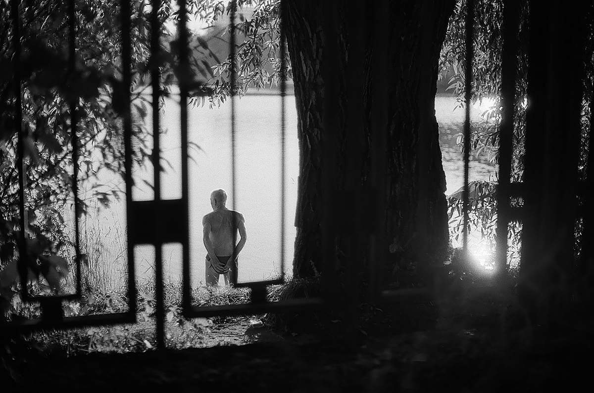 human silhouette of man standing beside of tree black-and-white