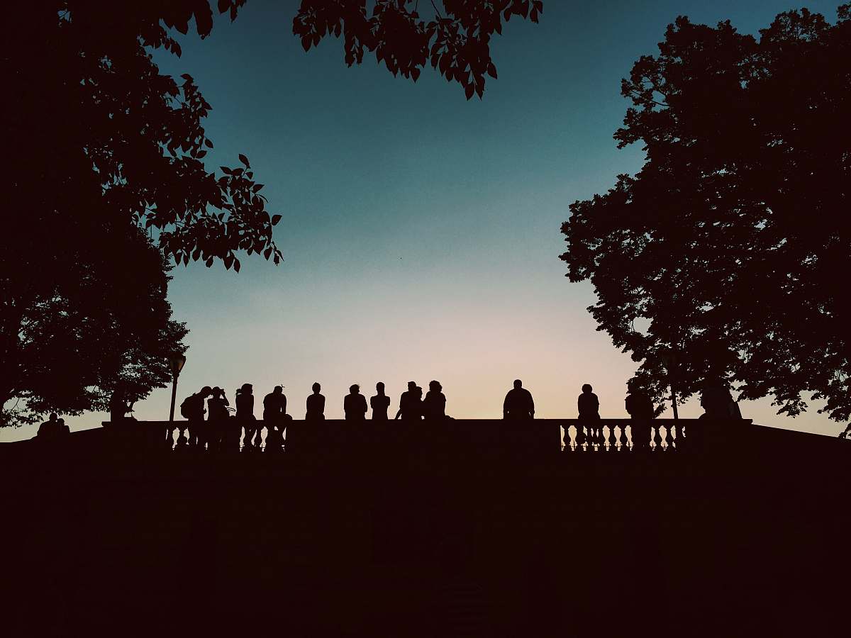 grey silhouette of people standing beside bridge during blue hour tree