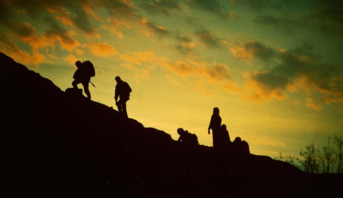 human silhouette of people trekking during golden hour person