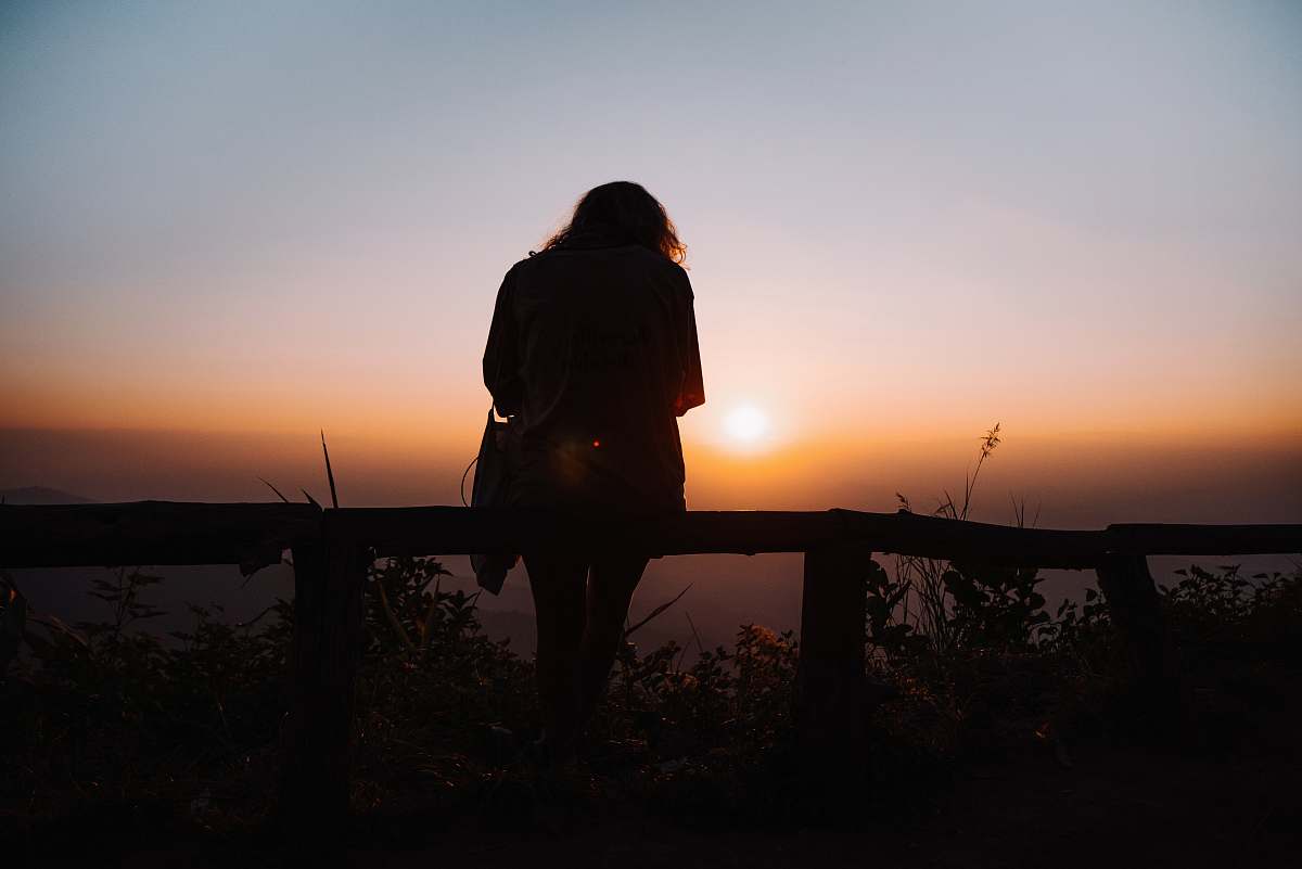 Human Silhouette Of Woman Sitting On Brown Wooden Railling Person Image ...