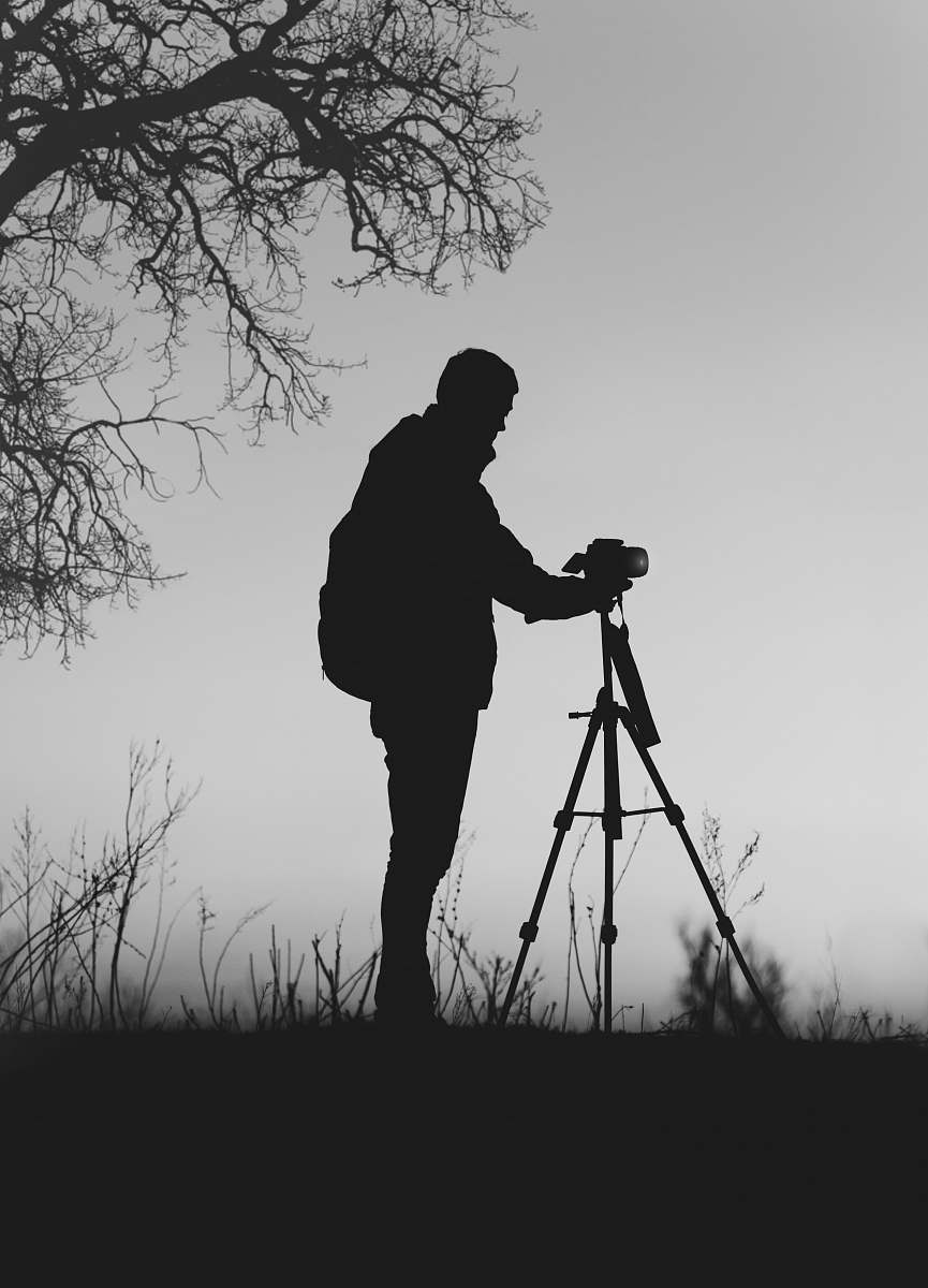 person silhouette photo of man in front of DSLR camera with tripod under leafless tree black-and-white