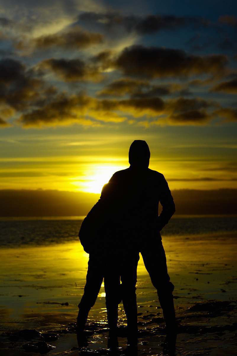 nature silhouette photo of two persons standing beside beach human