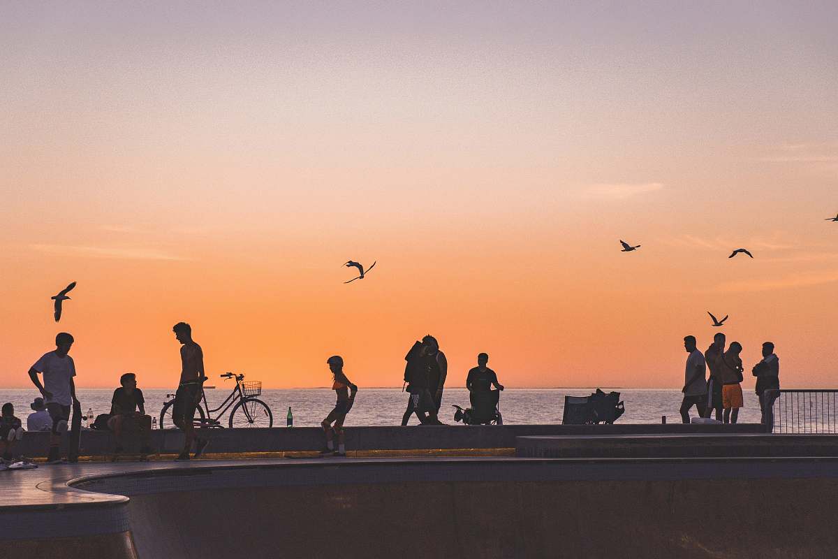 human skateboarders in park near seashroe person