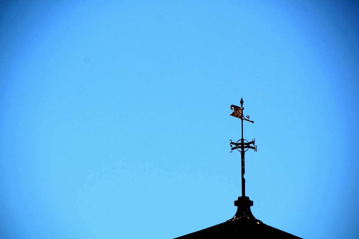 nature wind vane on rooftop under blue sky blue