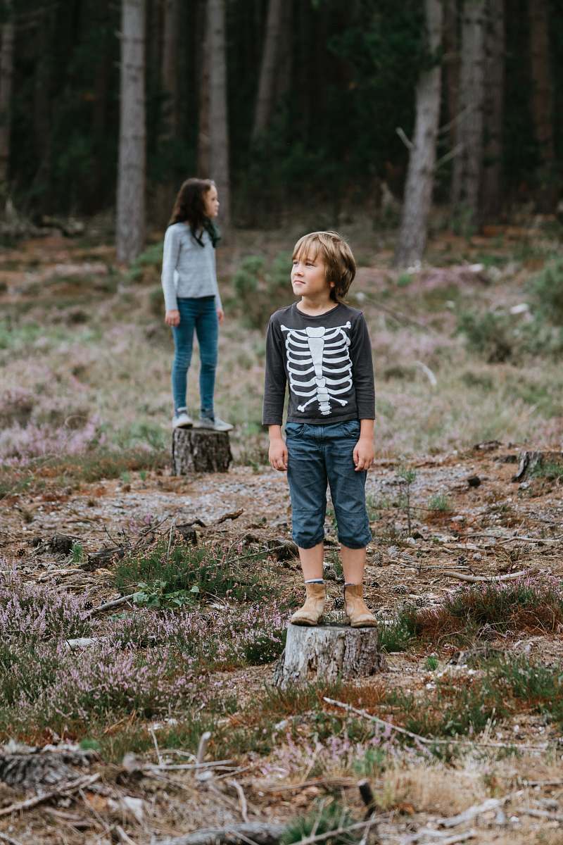 people boy standing on chopped log in middle of forest during daytime person