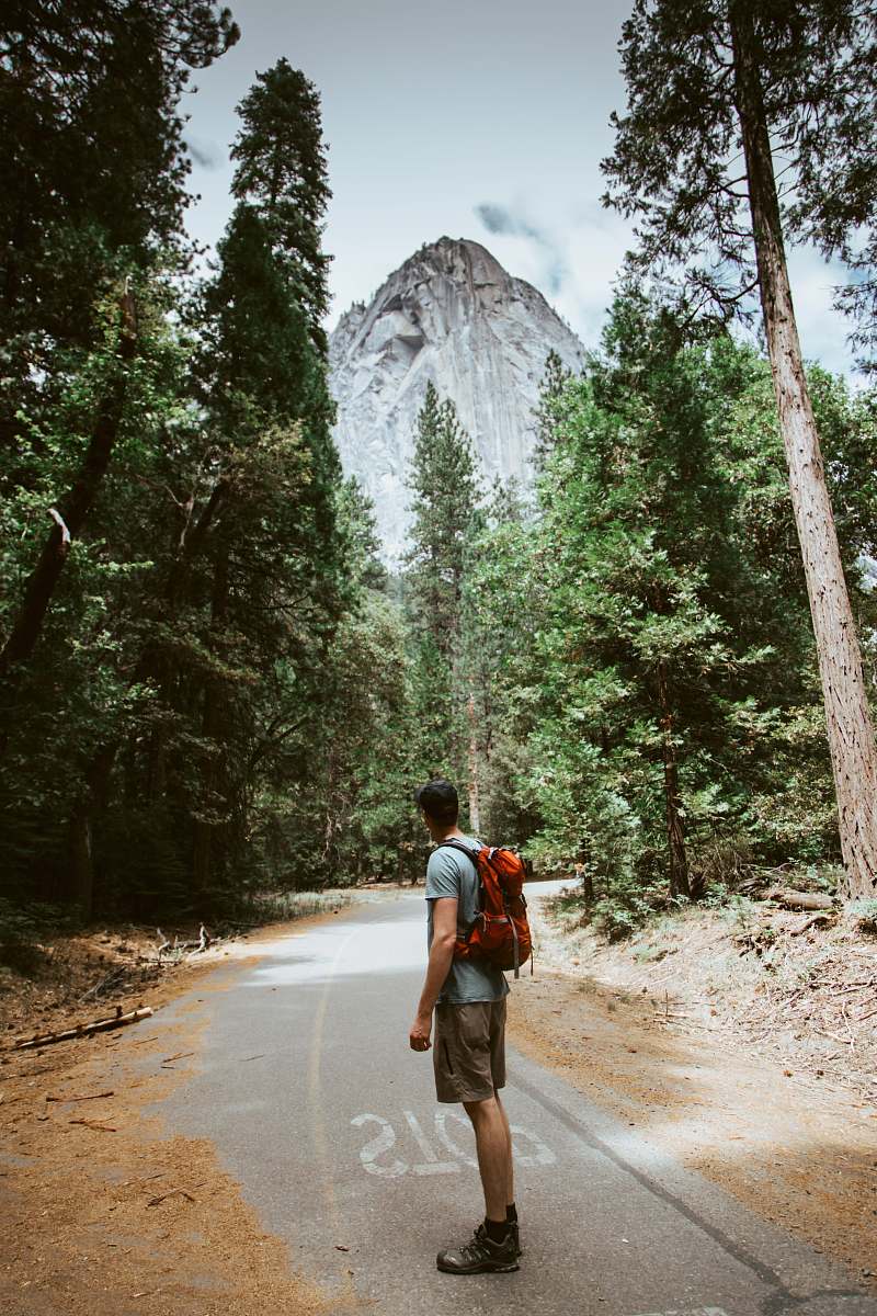 person man carrying red camping backpack near mountain tree